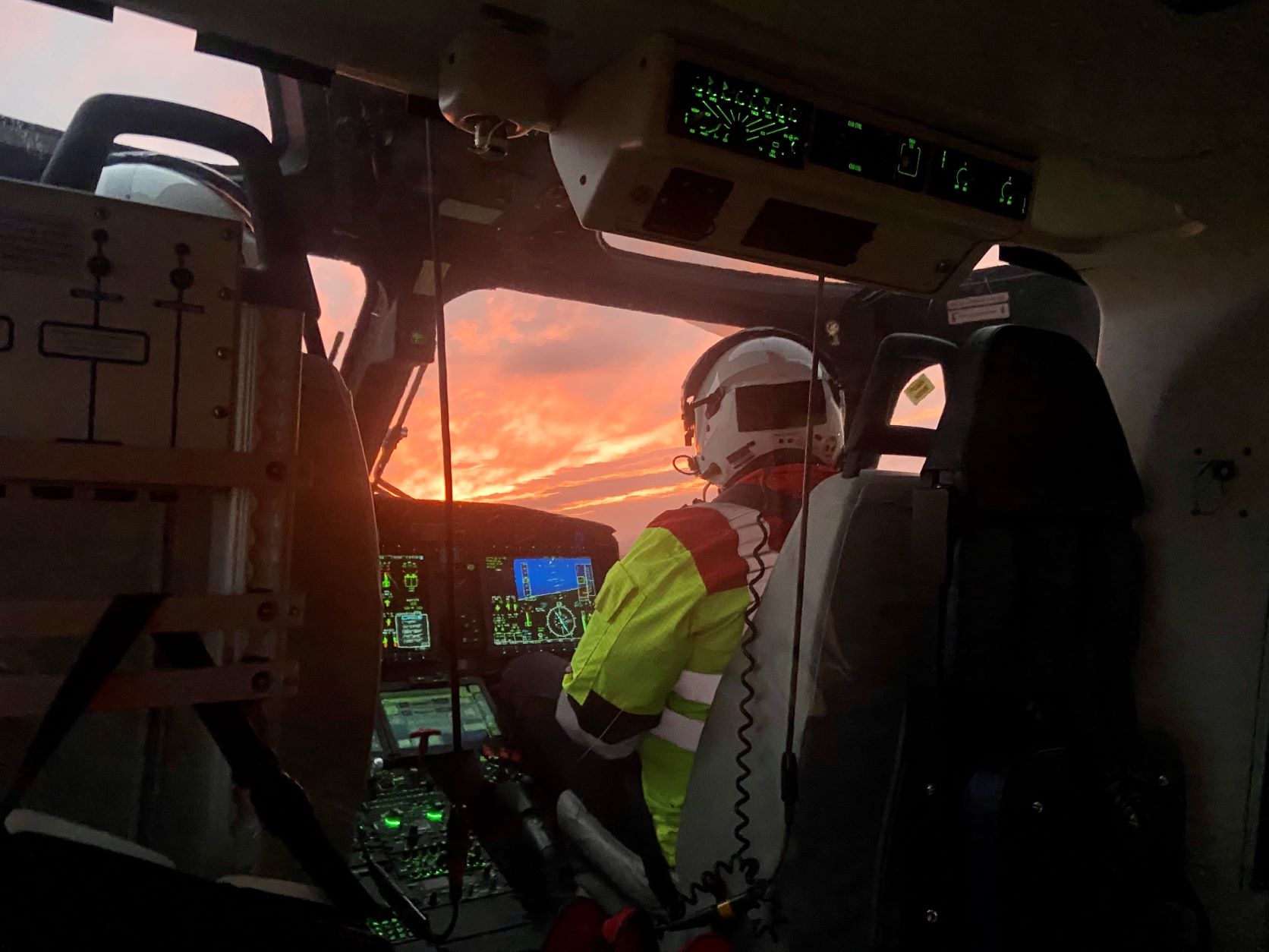 Cockpit of LNAA helicopter at sunset