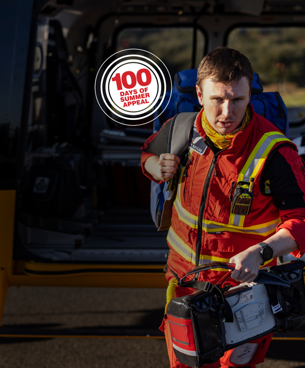 Doctor walks out of helicopter and 100 days of summer appeal logo
