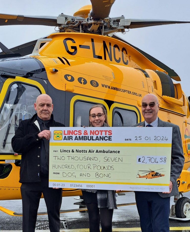 Dog & Bone pub at Lincs & NOtts Air Ambulance helicopter