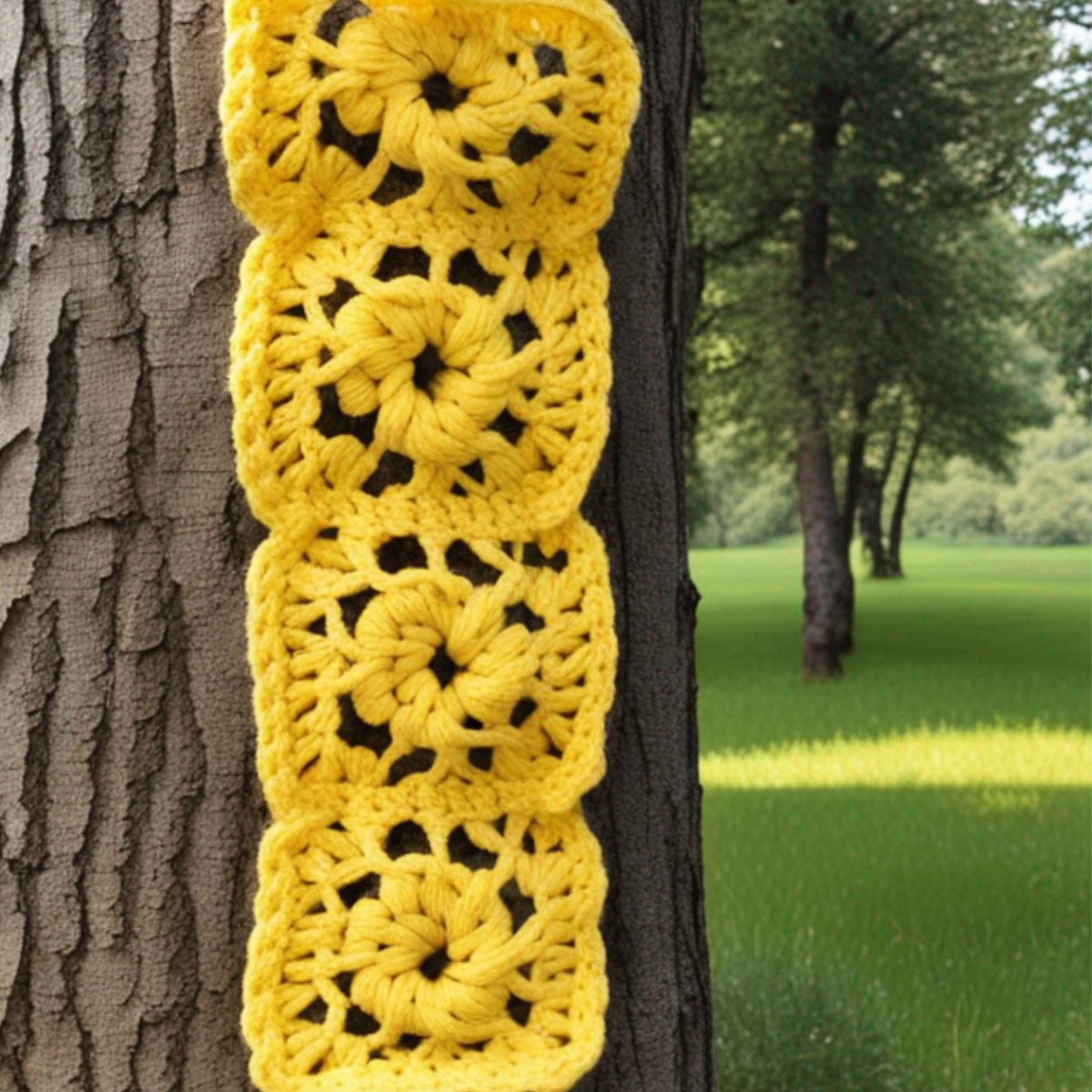 Yellow crochet squares on a tree